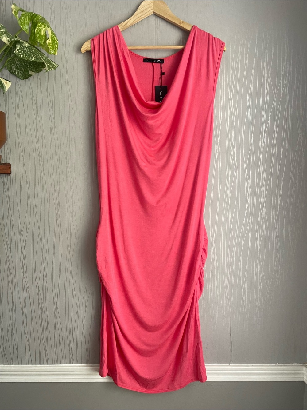 LIVD Kim Coral Cowl Neck Dress Womens 2X Ruched Bodycon Sleeveless Midi Stretch